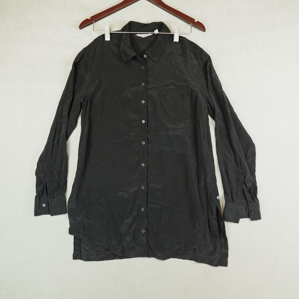 Athleta Tunic Shirt Womens Small 100% Silk Black Button Front Long Sleeves
